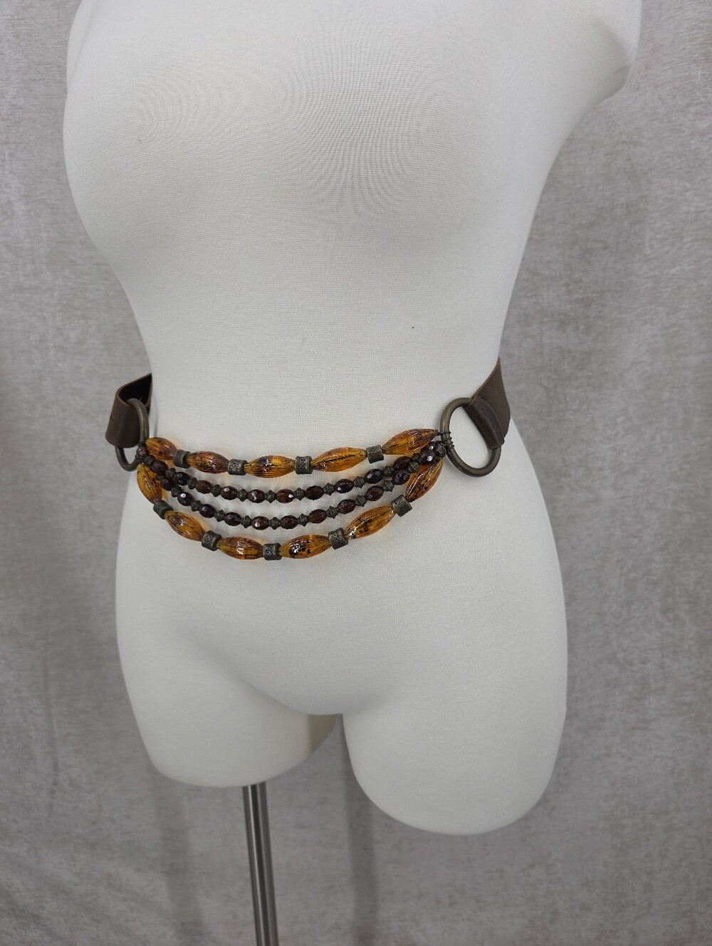 Antoniazzi Firenze Brown Leather Belt with Draped Amber Colored Beads Beading